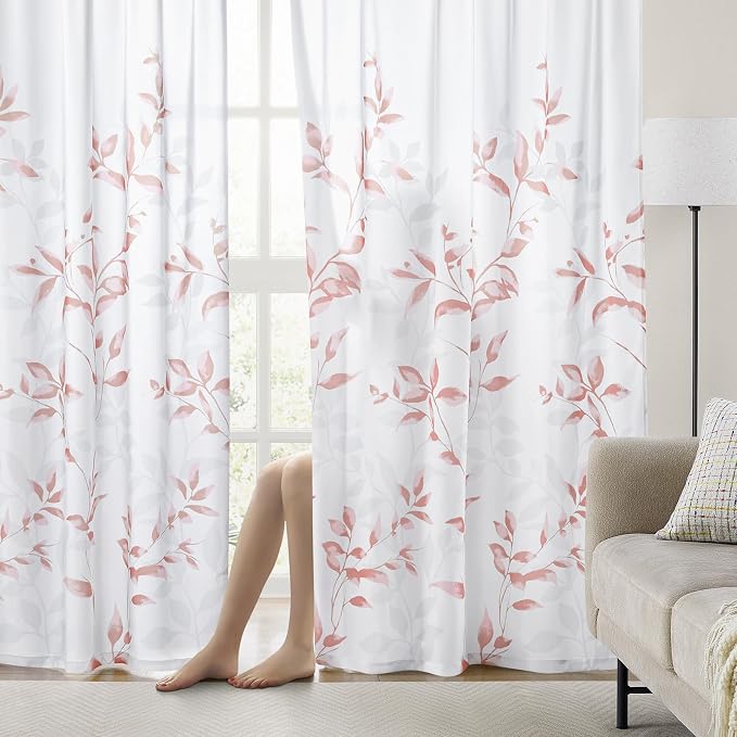 HOMEIDEAS Non-See-Through Pink and White Privacy Sheer Curtains 52 X 63 Inch - Image 2
