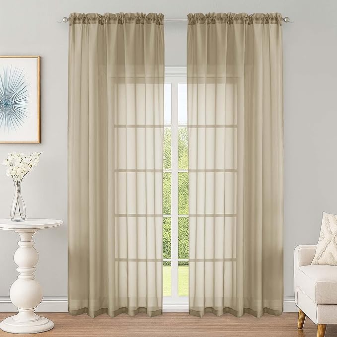 OWENIE Taupe Sheer Curtain 90 Inches Long 2 Panels Set, Solid Filmy Drapes by OWENIE