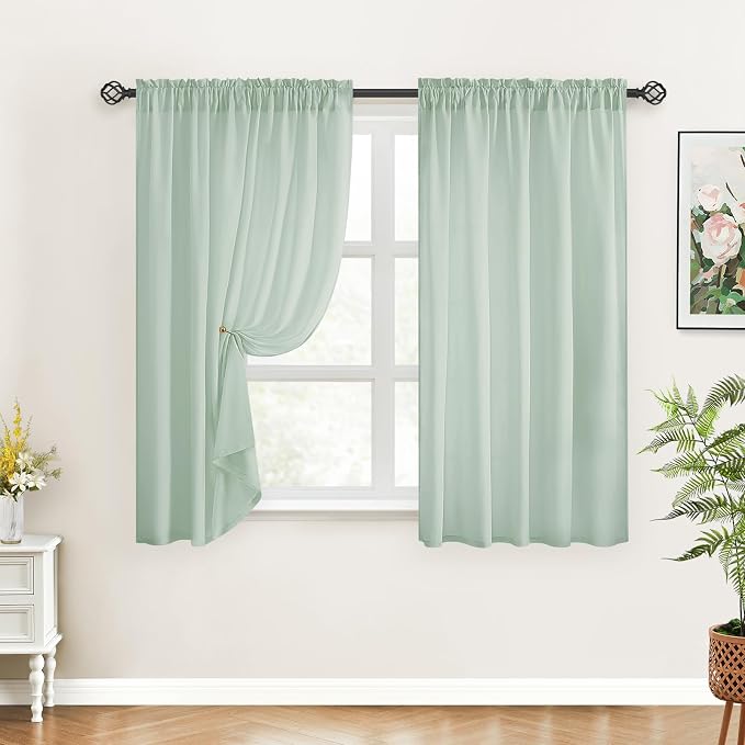HOMEIDEAS Non-See-Through Sage Green Privacy Sheer Curtains, 52 X 54 Inches - Image 2