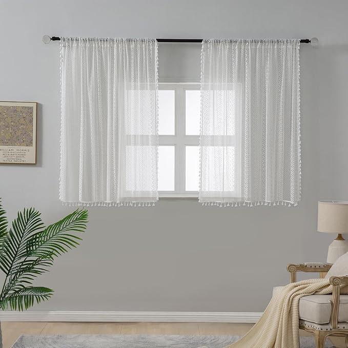 WAZZIO Boho Lace Curtains 45 Inches 2 Panel, Light Filtering Privacy Tassel & - Image 2