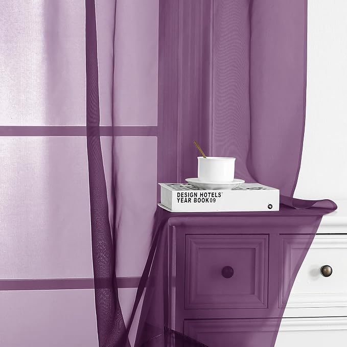 Chyhomenyc Plum Sheer Curtains 63 Inch Length 2 Panels, Rod Pocket Solid Window - Image 9