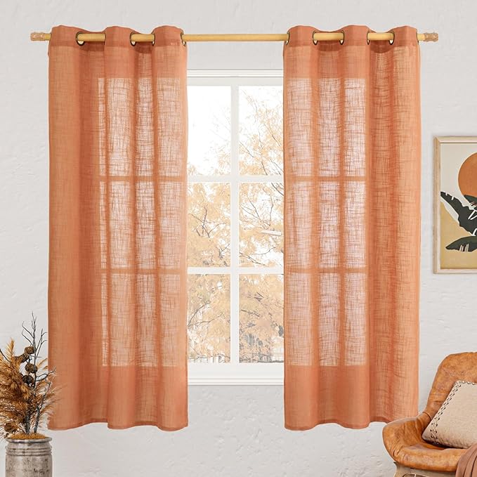 LAMIT Burnt Orange Semi Sheer Linen Curtains 63 Inch Length, Light Filtering by LAMIT