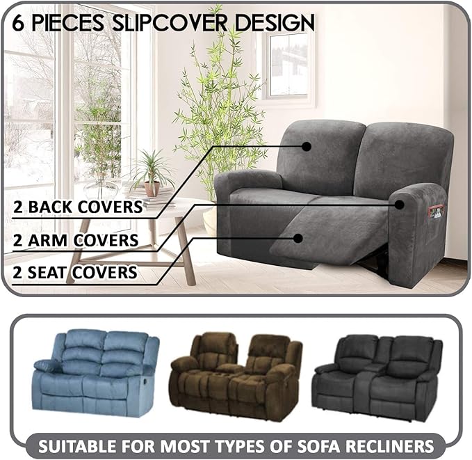 ULTICOR Reclining Love Seat Slipcover, 6-Piece Velvet Stretch Loveseat - Image 2