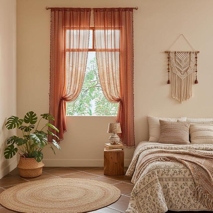 WAZZIO Boho Lace Curtains 63 Inches 2 Panel, Light Filtering Privacy Tassel & - Image 9
