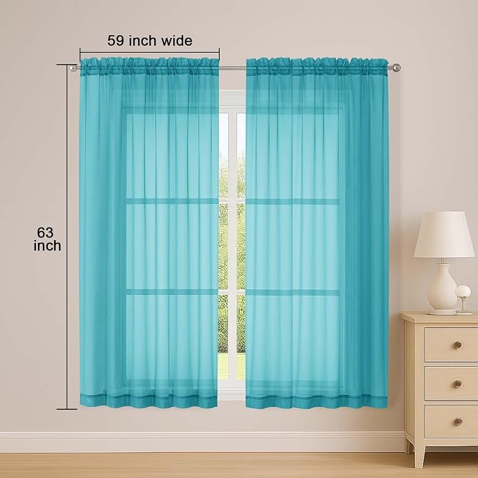 OWENIE Sheer Turquoise Curtains, Sheer Curtains 63 inch Length 2 Panels Set - Image 2