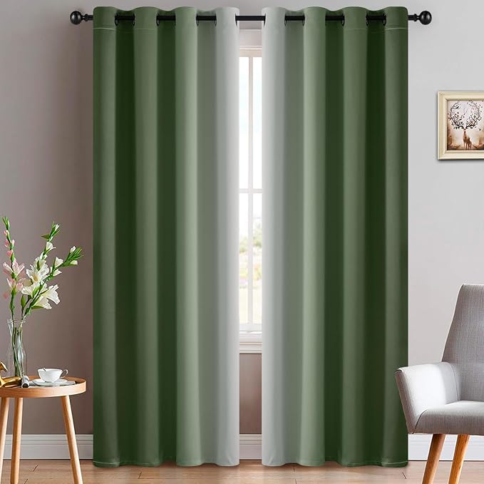 Yakamok Greyish White and Sage Green Ombre Curtains, Light Blocking Curtains by Yakamok