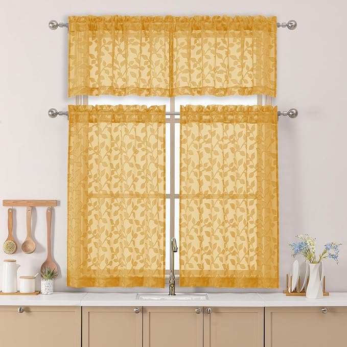 Chyhomenyc Gold Sheer Valances for Windows 14 Inch Length 2 Pcs, Light - Image 2