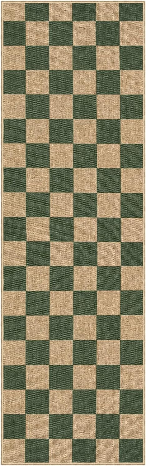 Lahome Colette Checkered Outdoor Runner Rug, 2x8 Green Kitchen Runner Rugs - Image 8