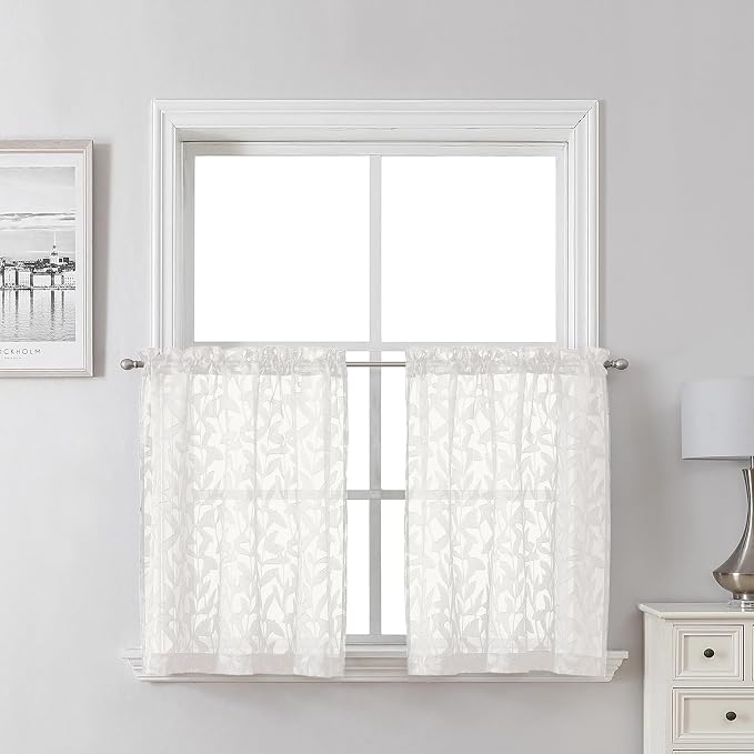 Lecloud Leia Ivory Sheer Kitchen Curtains 24 Inch Length 2 Pcs, Jacquard Leaf by Lecloud