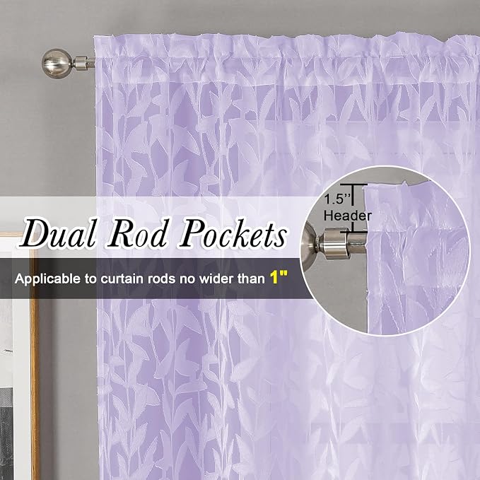 Lecloud Leia Light Purple Sheer Curtains 54 Inch Length 2 Panels, Light - Image 2