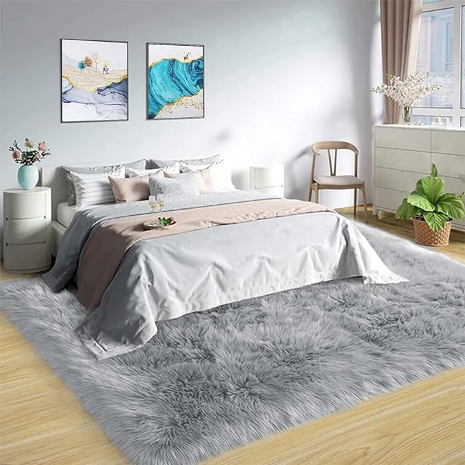 Latepis 8 x 10 Area Rugs for Living Room Grey Faux Fur Rug for Bedroom Fuzzy by Latepis