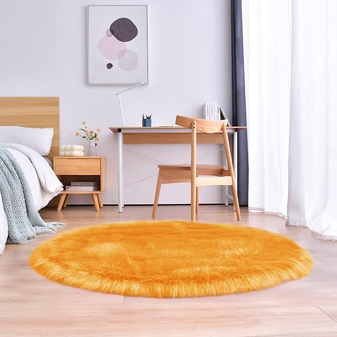 duduta Yellow Faux Sheepskin Round Rug 4x4 ft, Fluffy Shag Fur Bedroom Nursery - Image 6