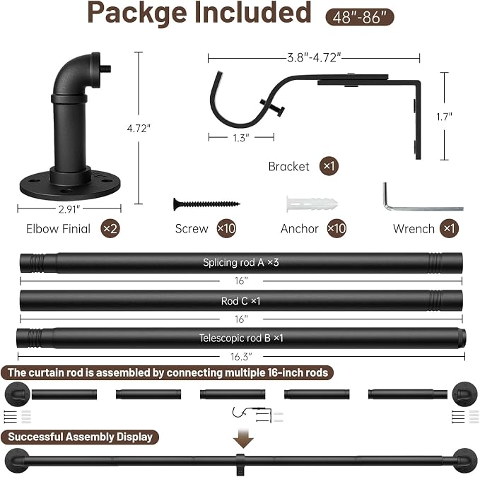 Zeerobee Curtain Rods for Windows 48 to 84, 1 Inch Industrial Wrap Around Black - Image 6