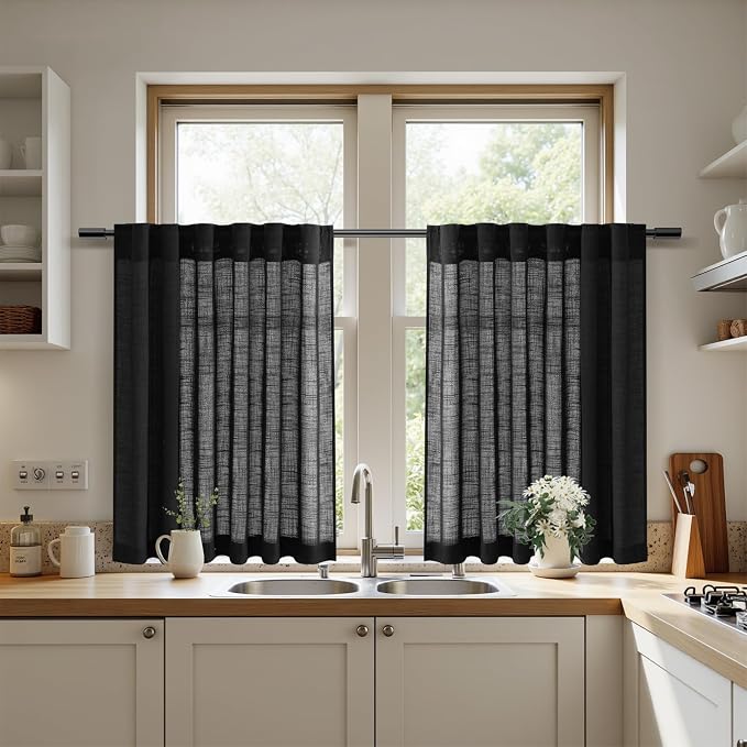 Nanspring Short Linen Kitchen Curtains 36 Inch Length, Over Sink Black Privacy - Image 5