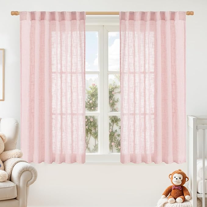 LAMIT Pink Linen Curtains 54 Inch Length 2 Panels, Light Filtering Panels Back by LAMIT
