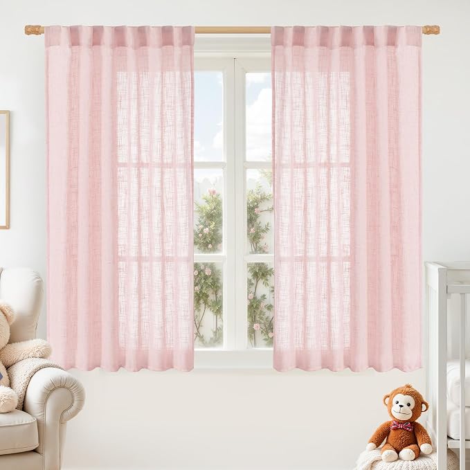 LAMIT Semi Sheer Linen Curtains 45 Inches Long, Light Filtering Panels Back Tab by LAMIT