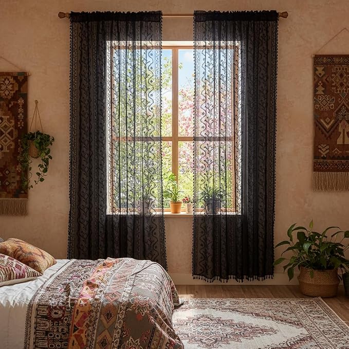 WAZZIO Boho Lace Curtains 63 Inch -Vintage Victorian Sheer Panel Drape Floral - Image 3
