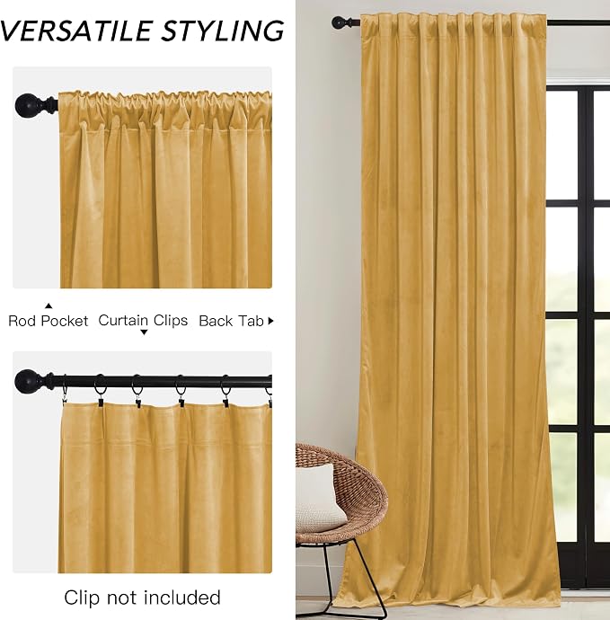 RYB HOME Mustard Yellow Velvet Curtains 84 inches, Back Tab Soft Fabric Room - Image 3