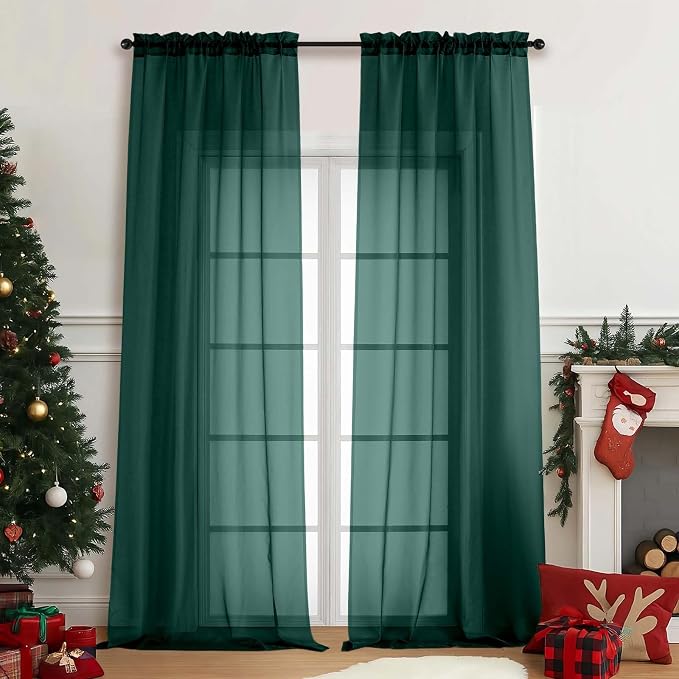 Green Sheer Curtains for Window 96 Inches Long 2 Panels, Soft Airy Voile Sheer by Home