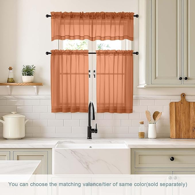 Orange Valances for Windows 14 inch Length 2 Panels Set, Small Voile Sheer - Image 2