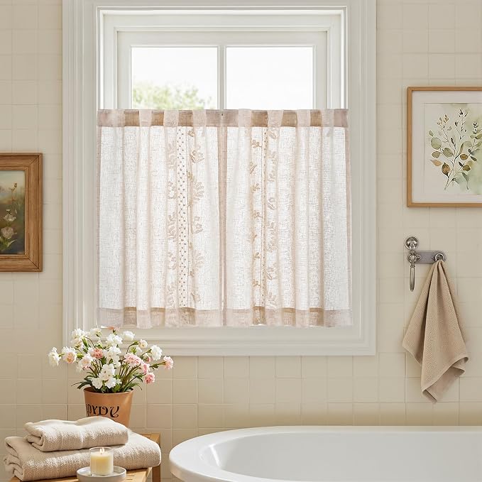 jinchan Belrose Linen Floral Kitchen Curtains 36 inch Length Embroidered - Image 9