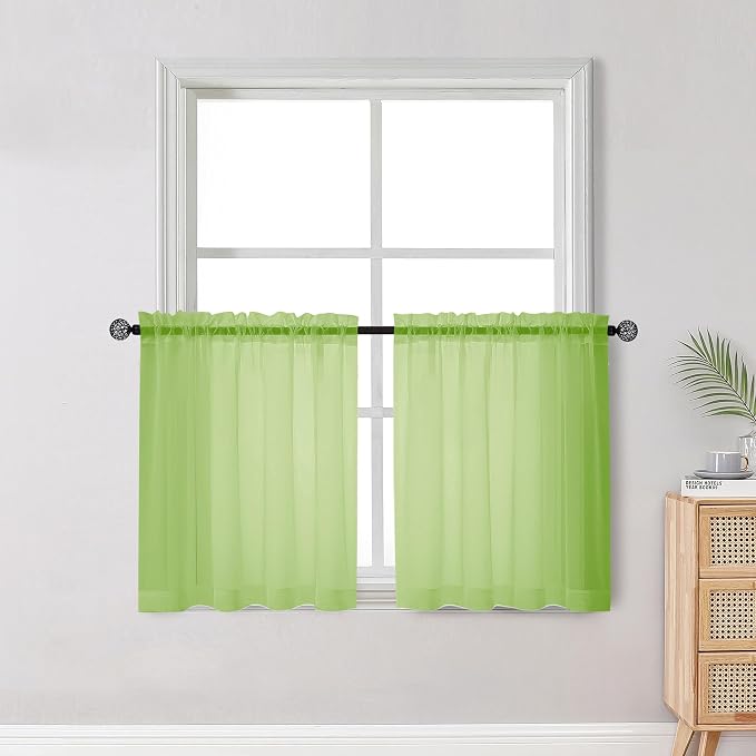 OWENIE Short Lime Sheer Curtains 30 Inch Length 2 Panels Set, Kitchen Curtains by OWENIE