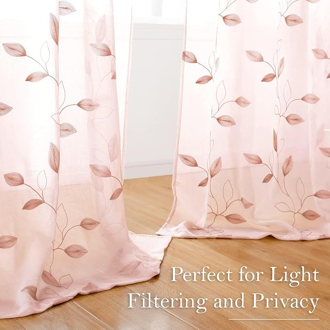 HOMEIDEAS Blush Pink Sheer Curtains 52 X 96 Inches Length 2 Panels Embroidered - Image 6
