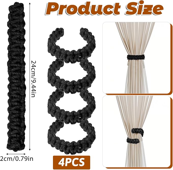 Ptwola 4 Pack Braided Curtain Tiebacks Boho Elegant Rustic Curtain Holdbacks - Image 2