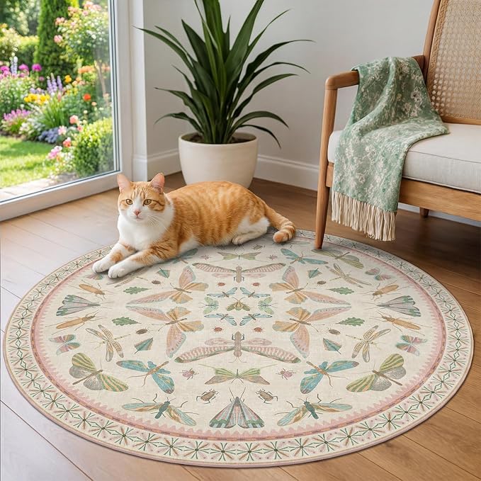 Boho Light Pink Round Rugs for Kids Bedroom - 4 ft Unique Circle Area Rugs for - Image 3