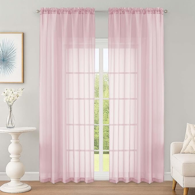 OWENIE Blush Sheer Curtain 90 Inches Long 2 Panels Set, Solid Filmy Drapes by OWENIE