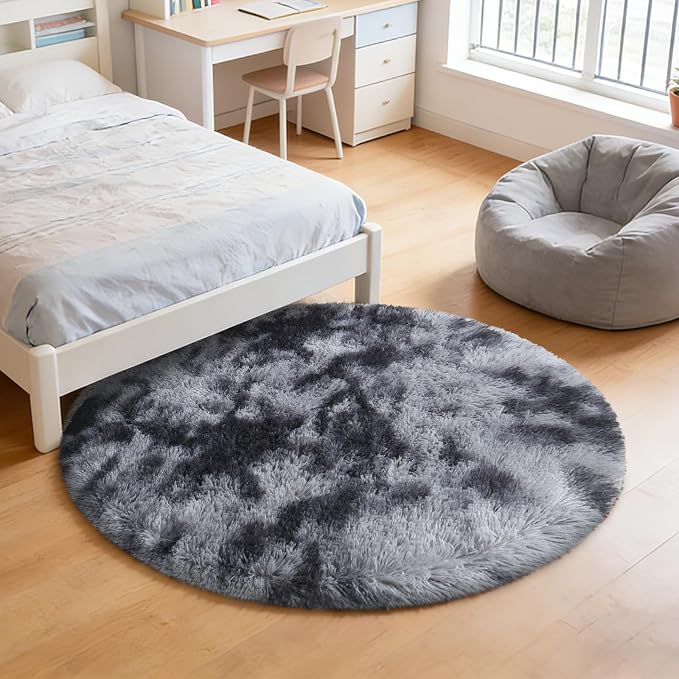 Tie-Dyed Black Fluffy Round Rug, Soft Area Rugs - Image 7