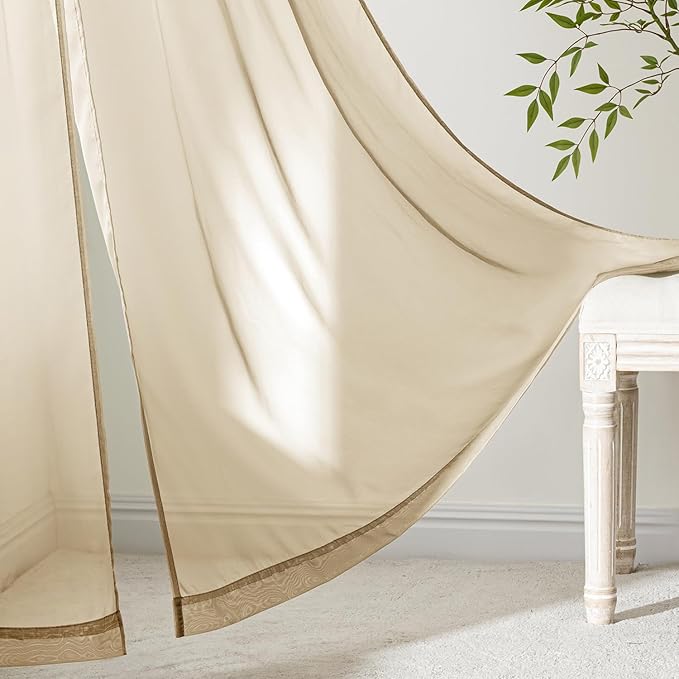 MIULEE Beige Sheer Curtains 63 Inches Long, 4 Panels Set, Rod Pocket Voile - Image 6