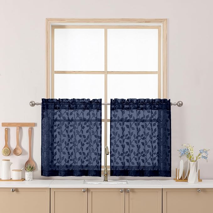 Chyhomenyc Navy Blue Sheer Curtains 24 Inch Length, Light Filtering Leaf Tufted by Chyhomenyc
