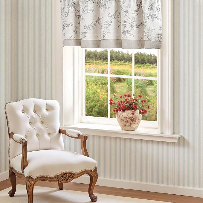 jinchan Linen Kitchen Valance for Windows 16 Inch Gray Floral Double Layer - Image 4