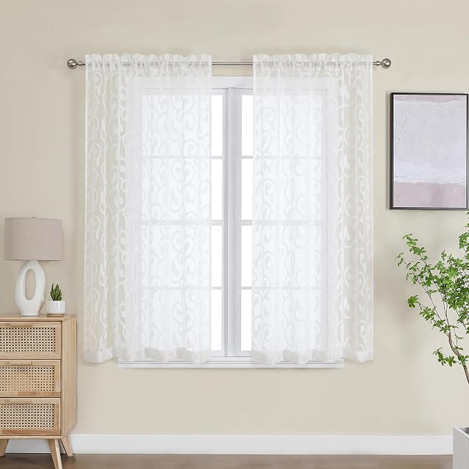 OWENIE Furman Ivory Sheer Curtains 45 Inch Length 2 Panels Set - Image 2