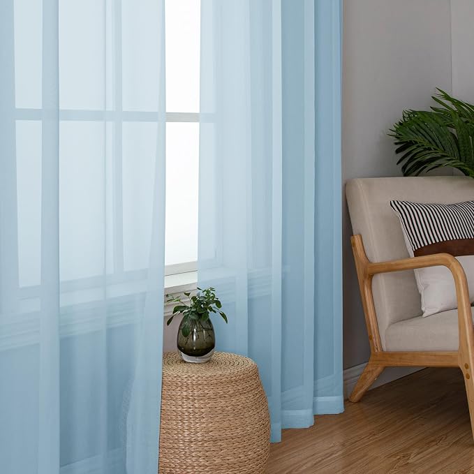 Lecloud Sky Blue Sheer Curtains 90 Inches Long 2 Panels, Light Filtering Voile - Image 2