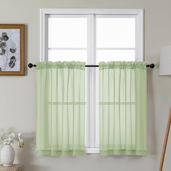 Gwine Light Green Sheer Kitchen Curtains 36 Inch Length, Light Filtering Voile by Gwine