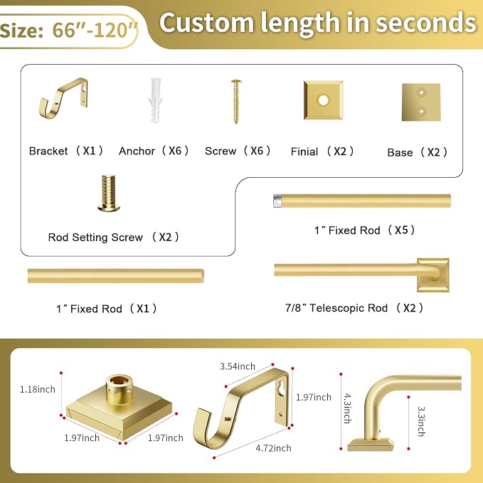 Gold Curtain Rods for Windows 66-120Inch Heavy Duty French Return Rod, Wrap - Image 8