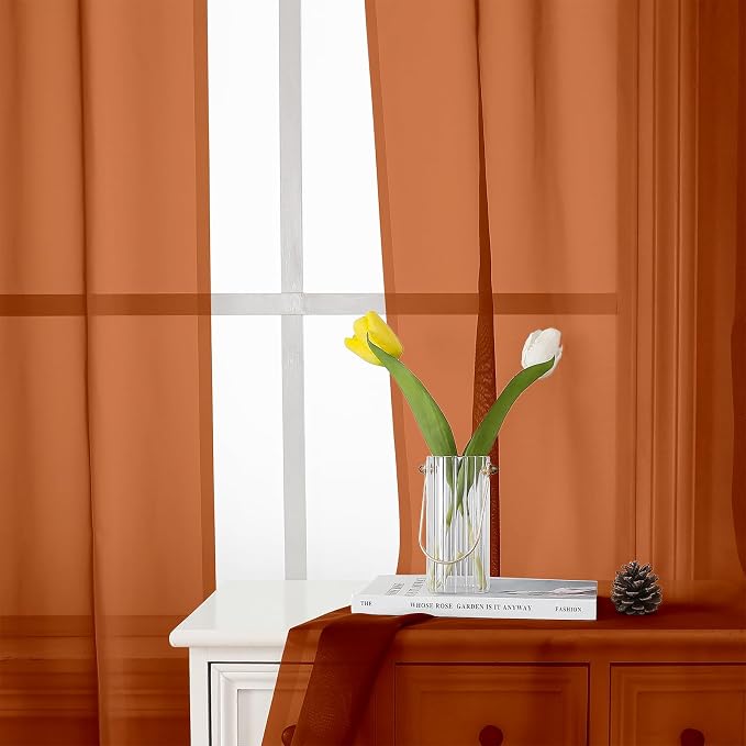 Lecloud Orange Sheer Curtains 84 Inches Long 2 Panels Set, Rod Pocket - Image 3