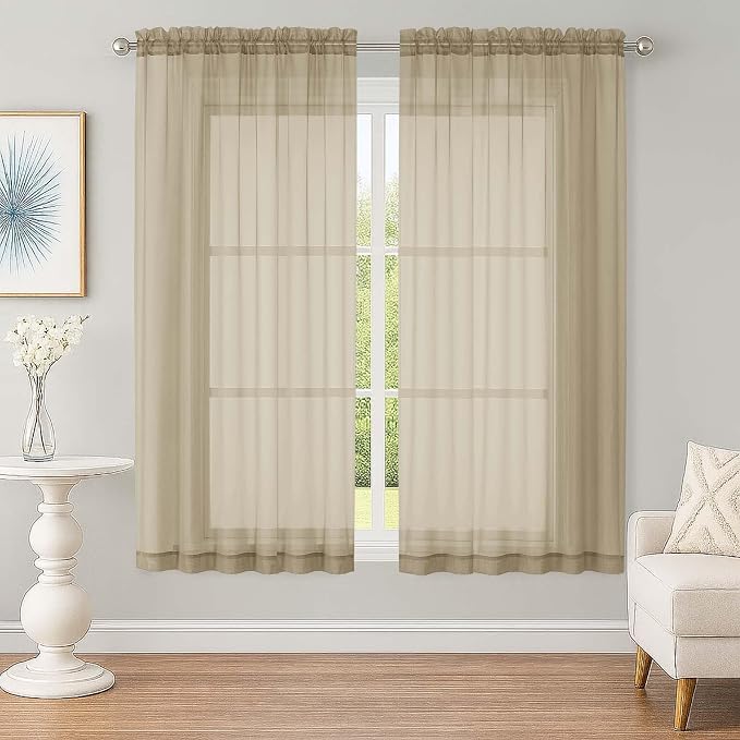 OWENIE Sheer Taupe Curtains, Sheer Curtains 63 inch Length 2 Panels Set by OWENIE