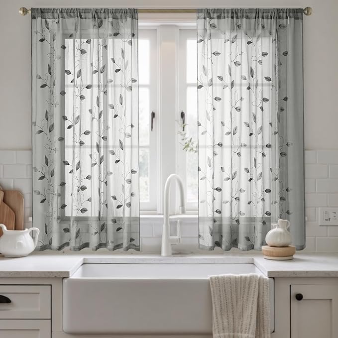 HOMEIDEAS Grey/Gray Sheer Kitchen Curtains 52 x 54 Inch Length 2 Panels - Image 2