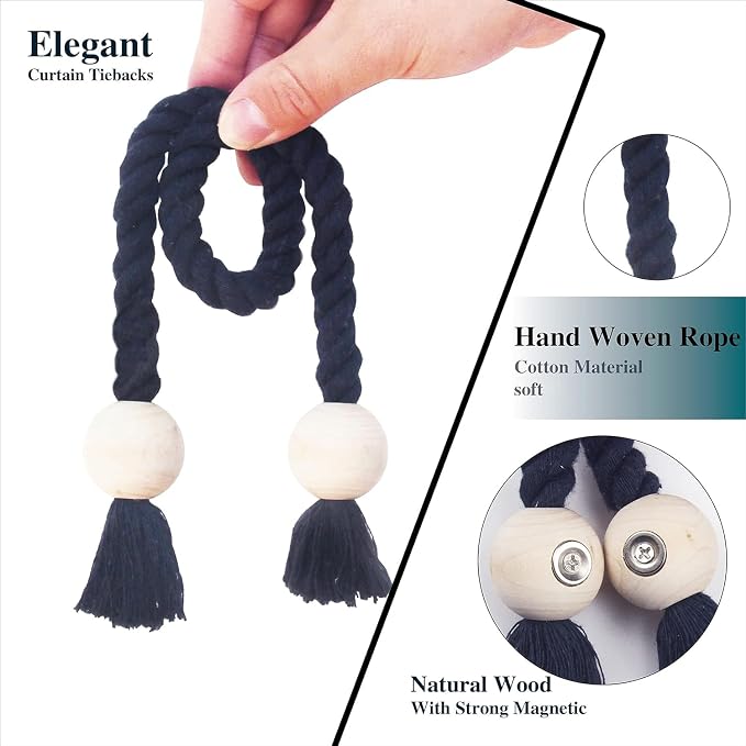 4 Pack Magnetic Curtain Tiebacks Cotton Hand Woven Tie Back Decorative Rope - Image 2