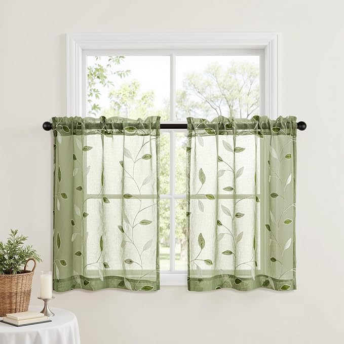 MIULEE Sage Green Sheer Kitchen Curtains 30x36 Inches Length 2 Panels - Image 2