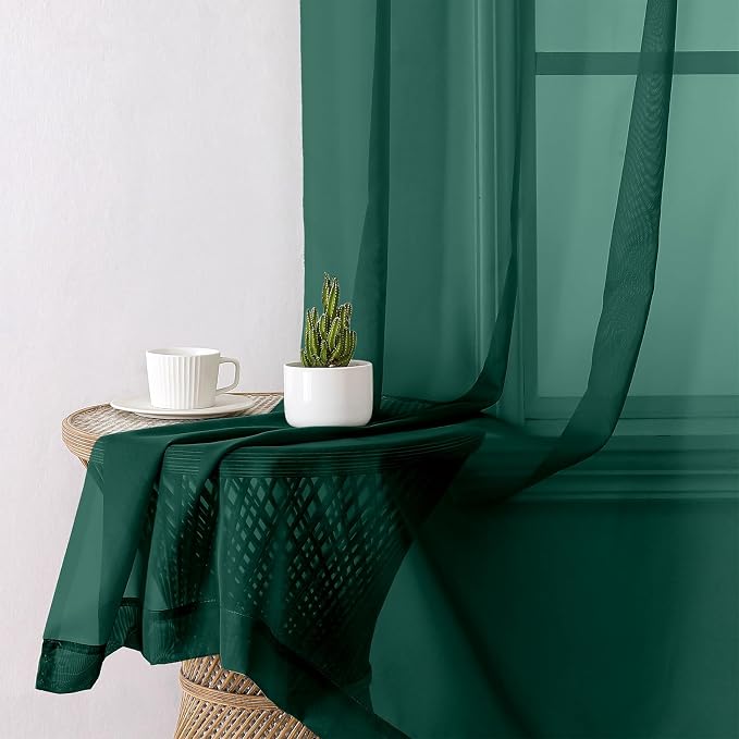 Lecloud Hunter Green Sheer Curtains 90 Inches Long 2 Panels, Airy Voile Solid - Image 4
