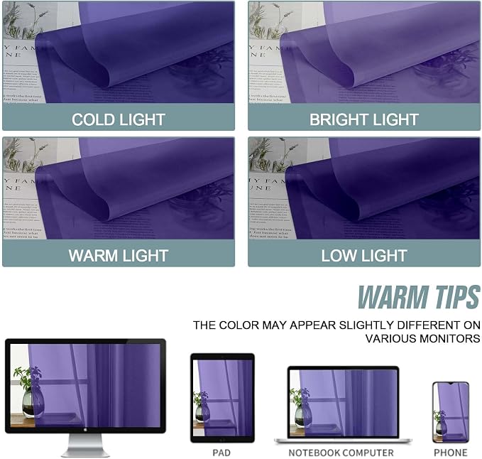 Purple Sheer Curtains 90 Inches Long 2 Panels, Light Filtering Solid Sheer - Image 6