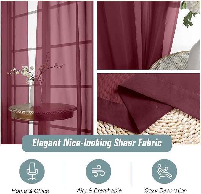 Burgundy Sheer Curtains 90 Inches Long 2 Panels, Light Filtering Solid Sheer - Image 4