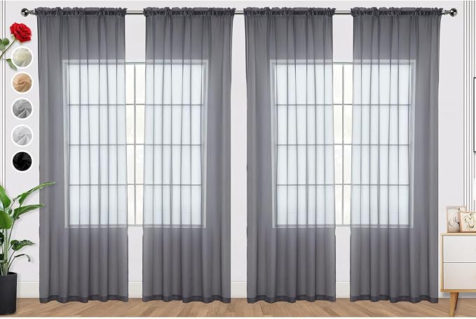 SpaceDresser Grey Sheer Curtains 4 Panels Rod Pocket Semi-Sheer Curtain 84 by SpaceDresser