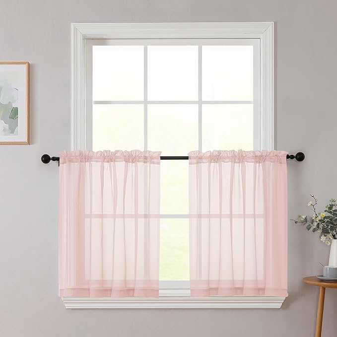 Kitchen Curtains 24 Inch Length Tier 2 Pieces, Blush Sheer Curtain Solid Soft by WelvetBLK