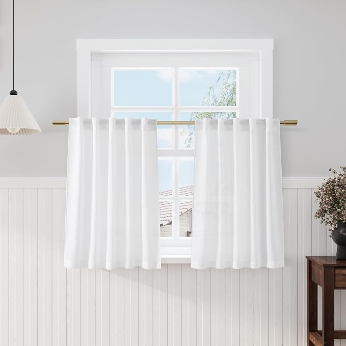 Nanspring White Kitchen Curtains 36 Inch Length 2 Panels Set Linen Blend Back by Nanspring