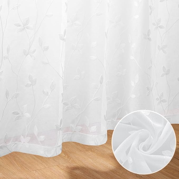 HOMEIDEAS White Sheer Curtains 52 X 63 Inches Length 2 Panels Embroidered Vine - Image 3